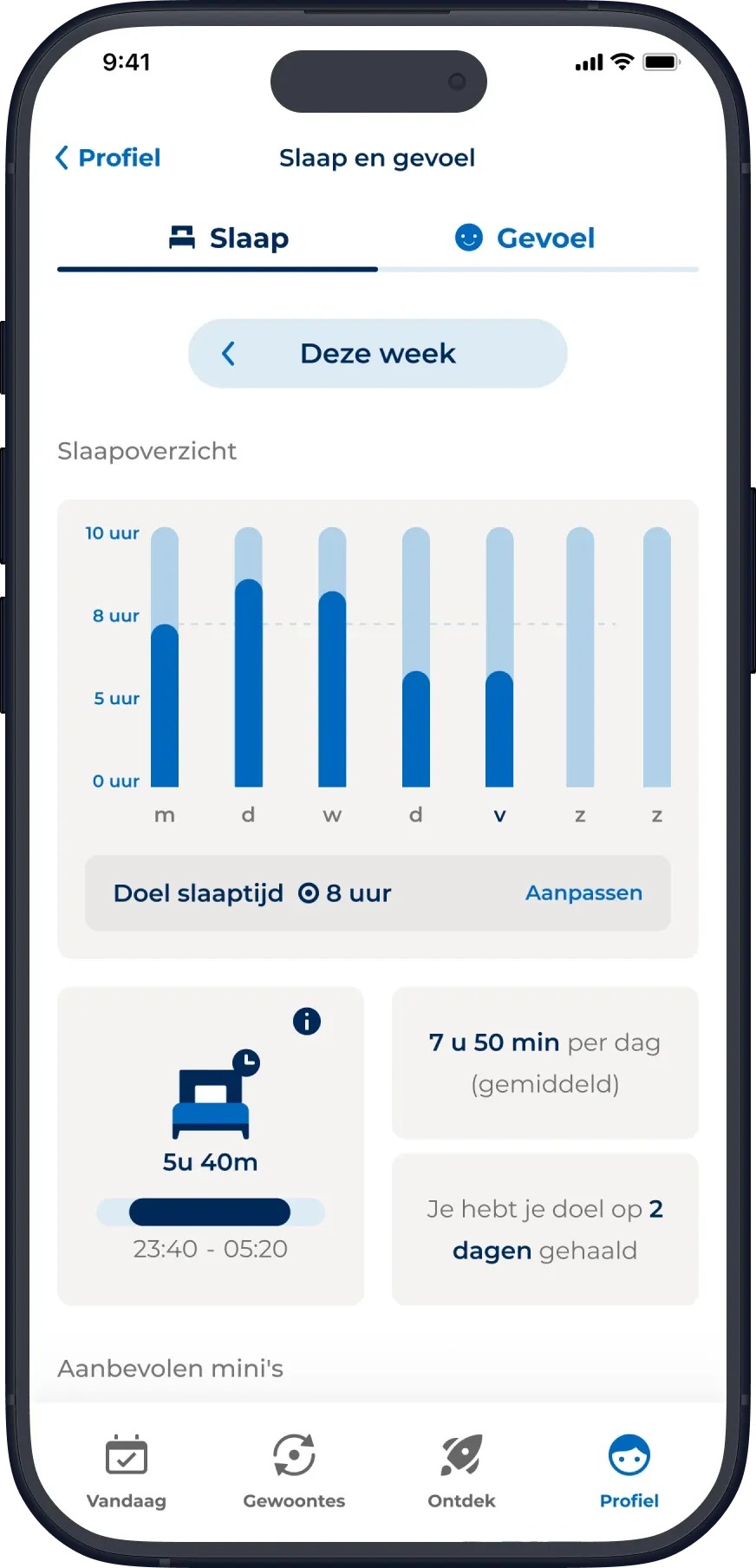 Actify sleep overview: weekly sleep chart with an 8-hour goal.