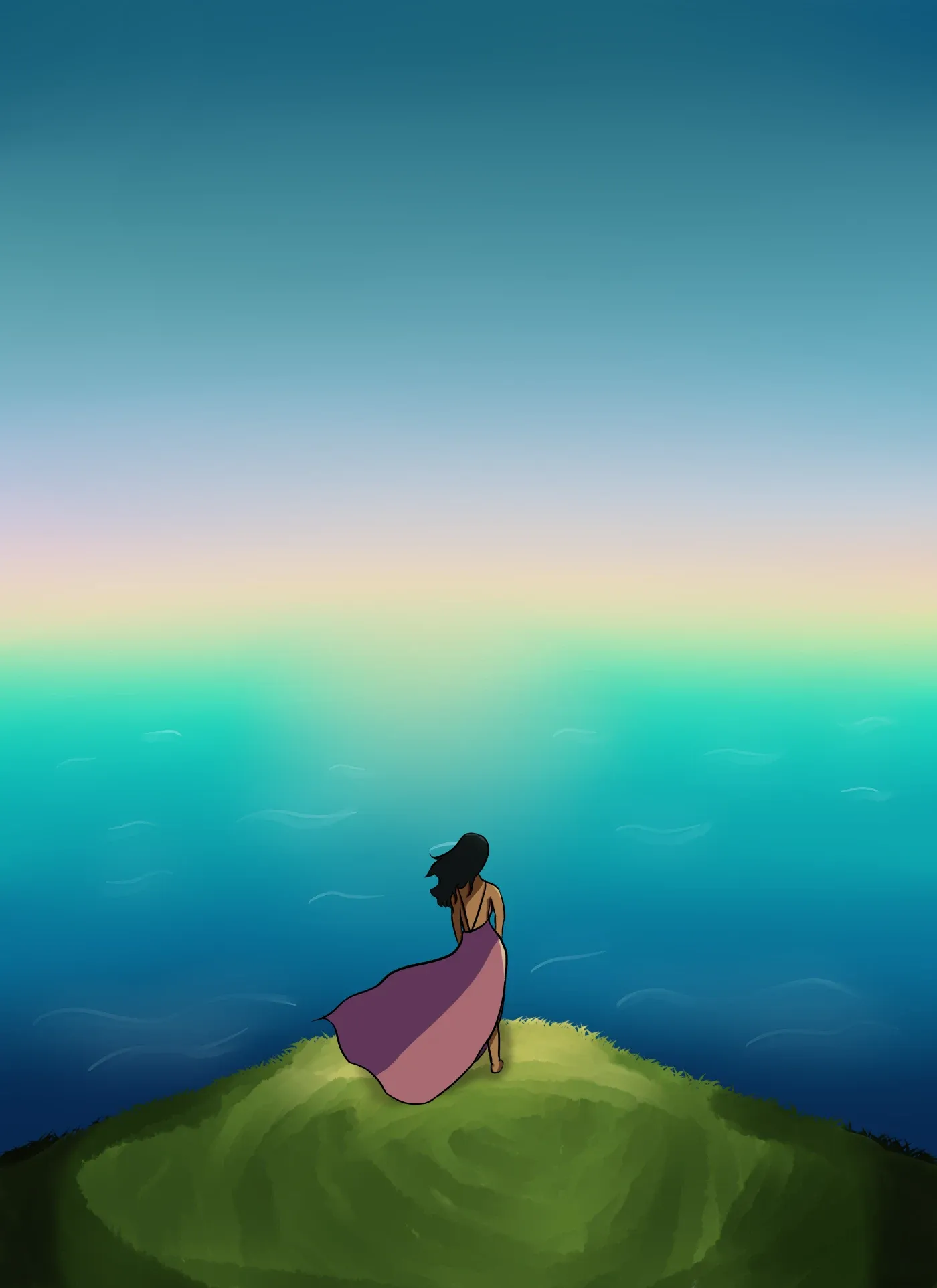 A woman in a purple dress on a grassy hilltop, looking out over the sea under a teal-to-pastel sky.