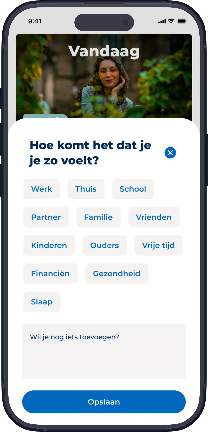 Step 3: Hoe komt het dat je je zo voelt? with situation chips, a note field and an Opslaan button.