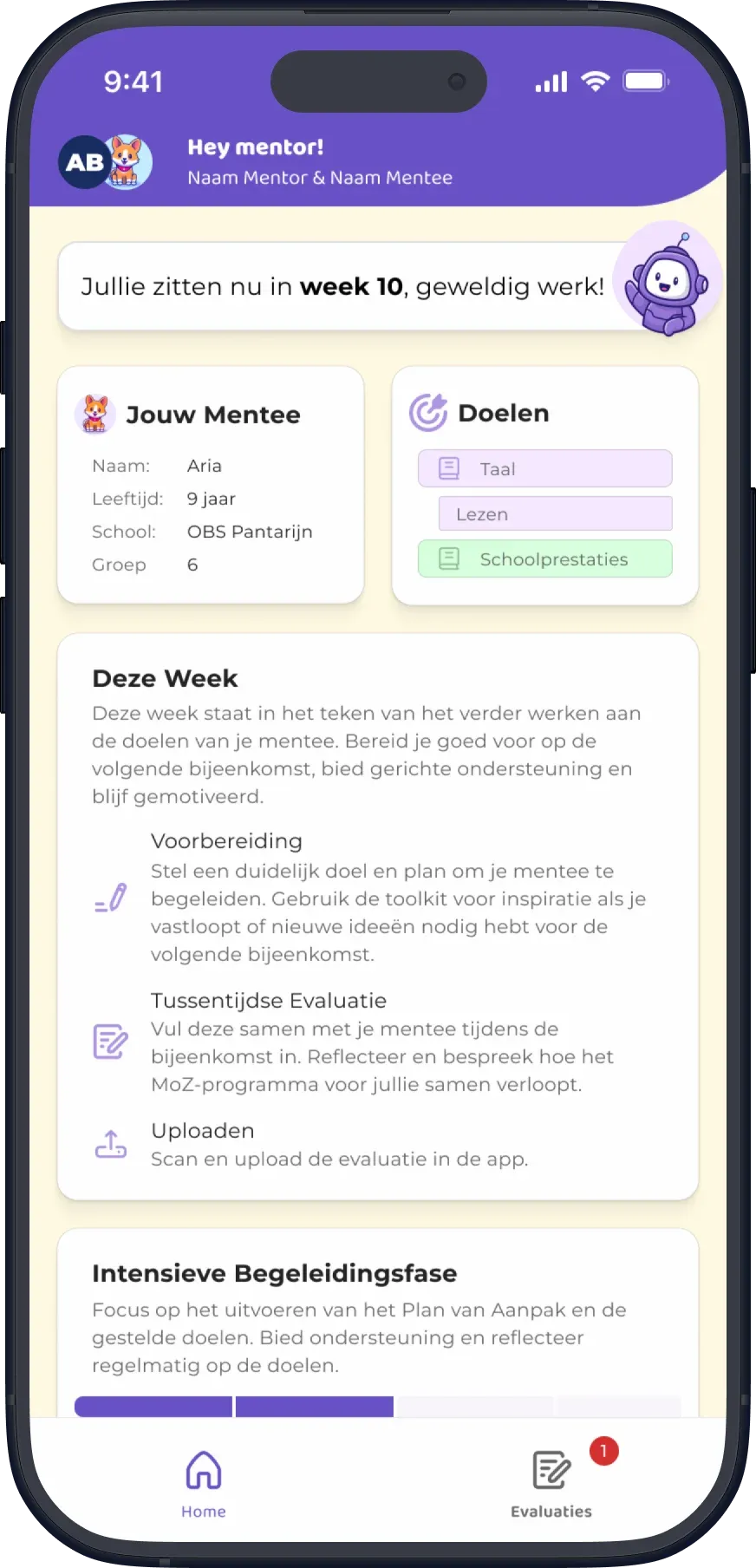 Revised MentorenApp prototype home screen with mentee details, goals and this week's tasks.