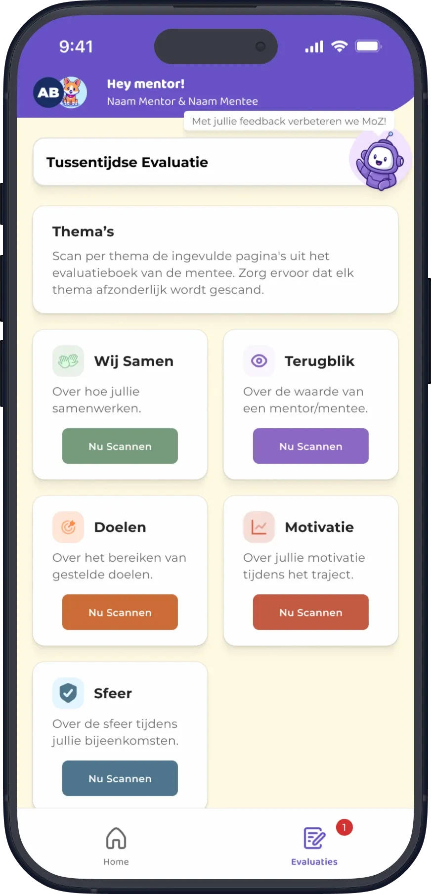 MentorenApp Tussentijdse Evaluatie screen with five themes to scan.