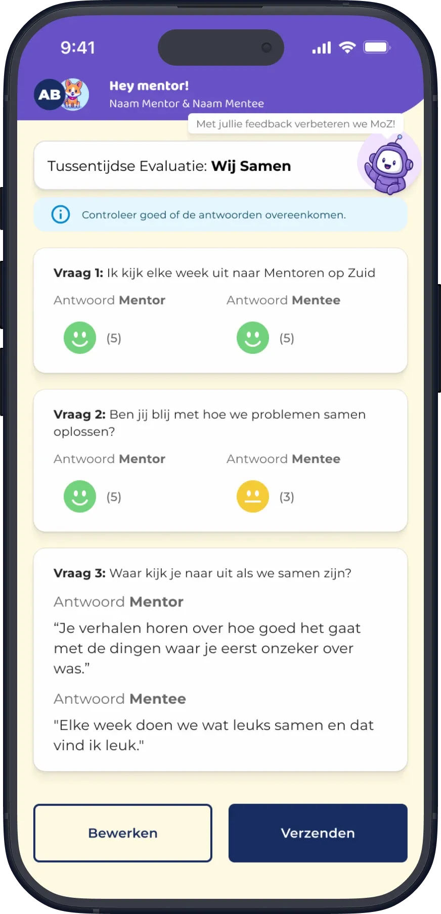 MentorenApp review screen with the recognised answers per question and a Verzenden button.