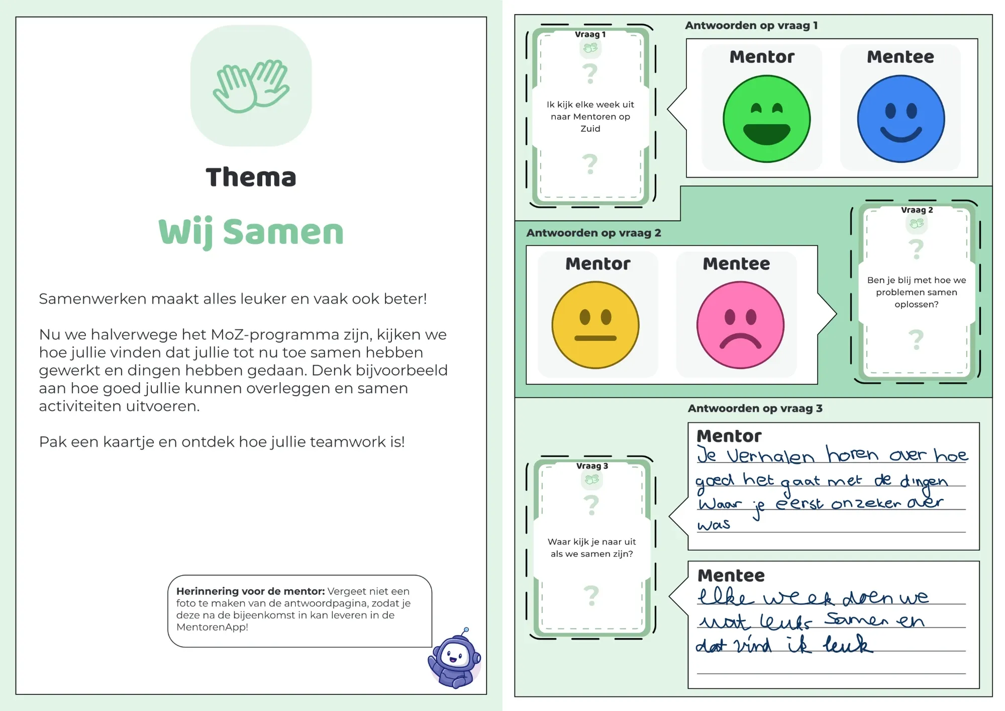Open MoZ logbook on the Wij Samen theme: the introduction page and an answer page with emoji ratings and handwritten answers.