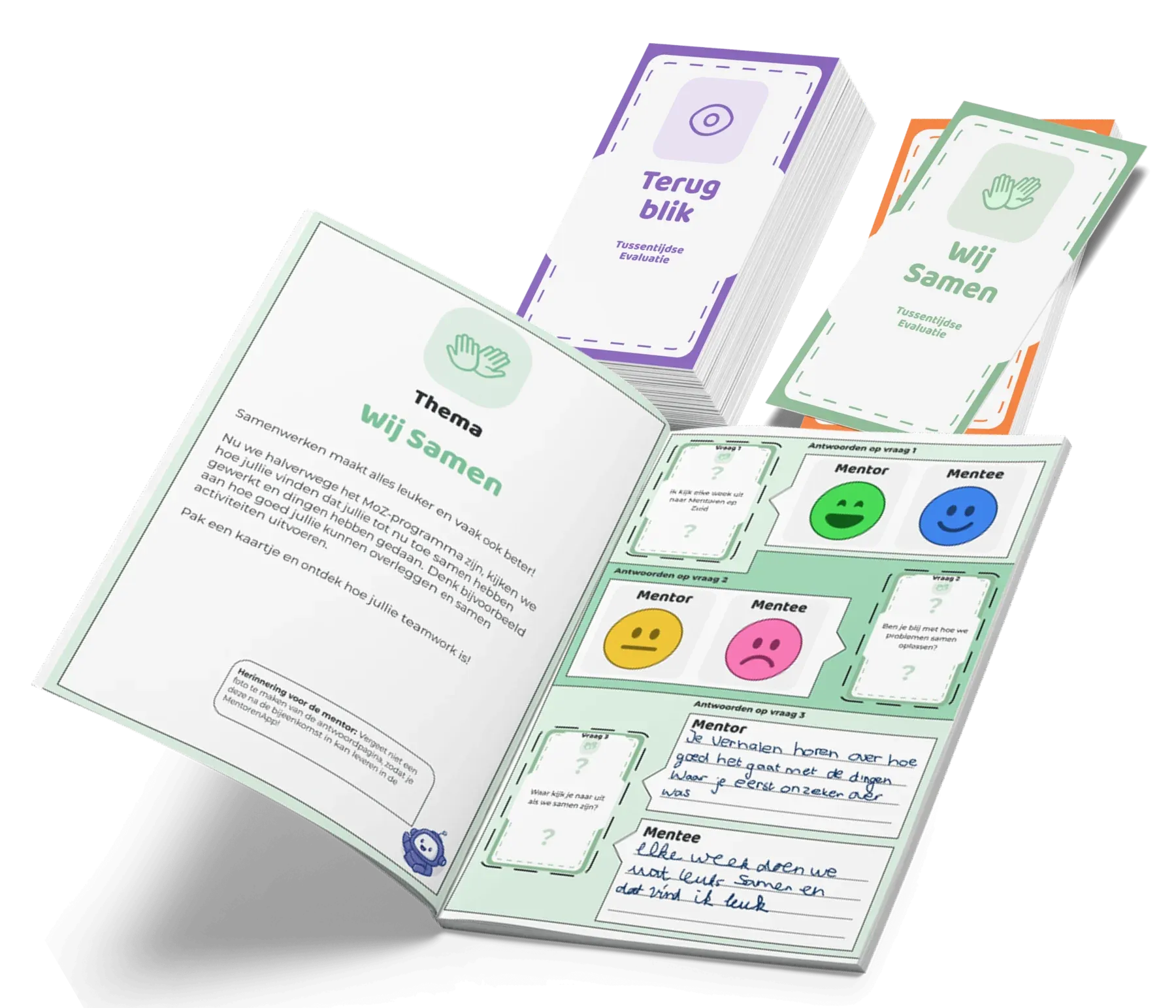 Open MoZ evaluation logbook on the Wij Samen theme, with stacks of themed question cards.