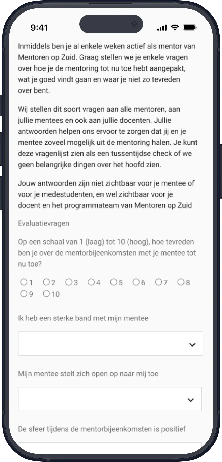 Original MoZ web app: evaluation form with intro text, a 1–10 scale and dropdown questions.