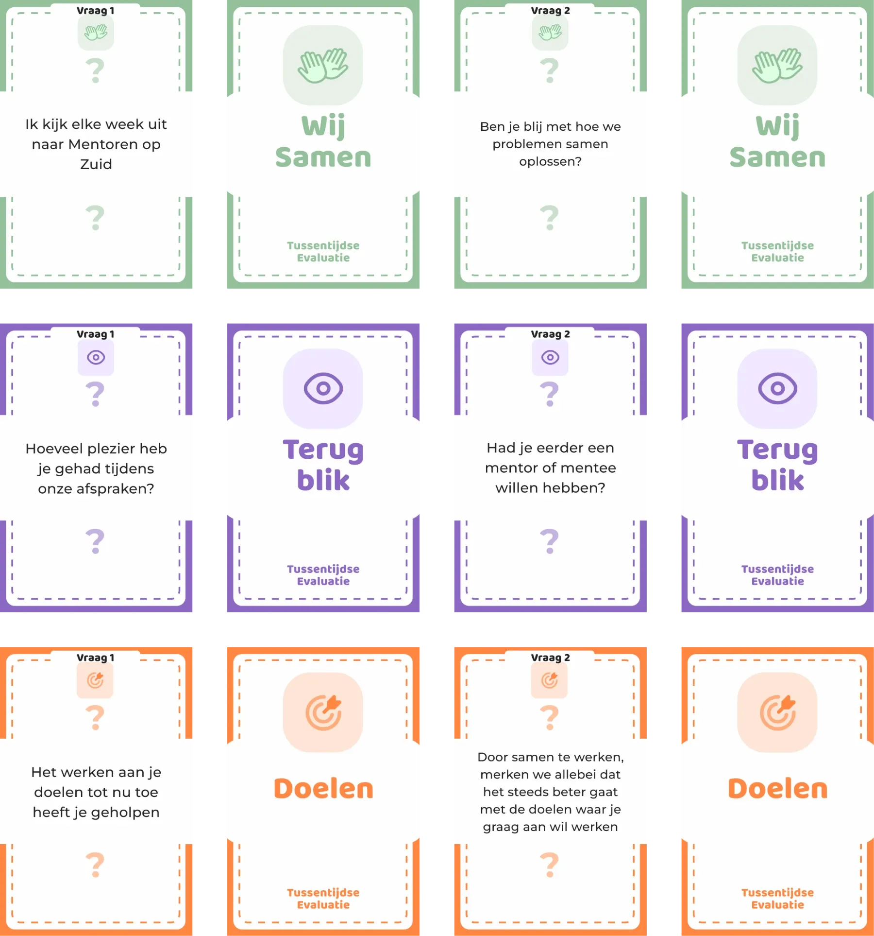Twelve MoZ question cards in three themes: Wij Samen, Terug blik and Doelen.