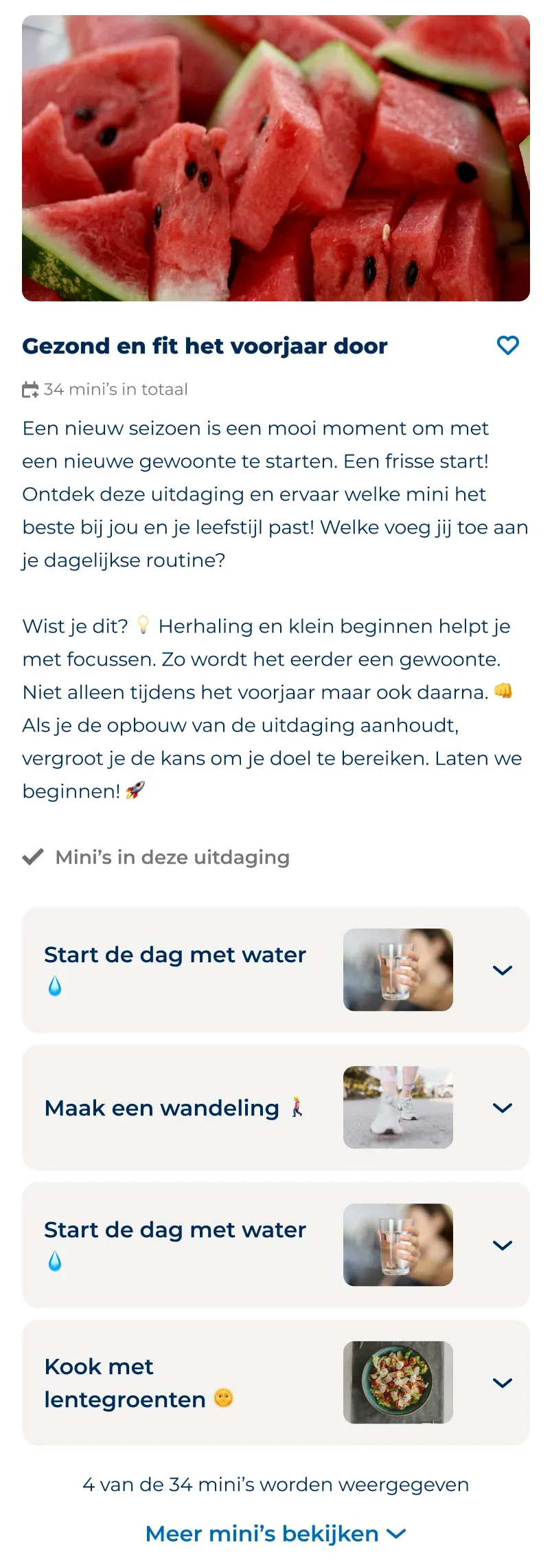 Challenge detail page for Gezond en fit het voorjaar door, with its description, list of minis and Uitdaging starten button.