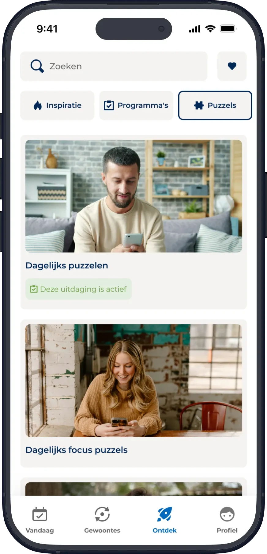 Actify Explore page with the Puzzels category selected, showing two daily puzzle challenges.